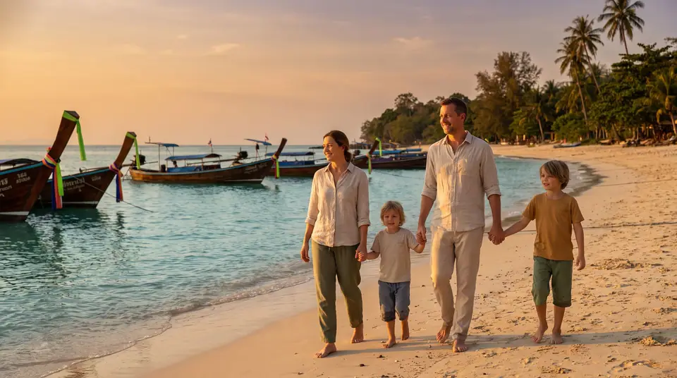 Two parents and two young children walking hand in hand along a calm Thai beach at golden hour, long-tail boats offshore