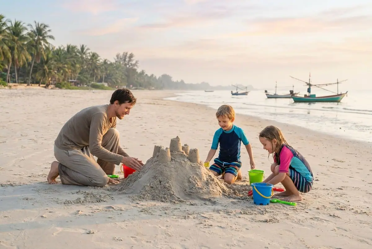 Two young children building a sandcastle with a parent on a wide, calm beach in the soft morning light