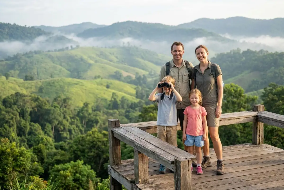 A family at a wooden viewpoint over rolling green forest, a child looking through binoculars