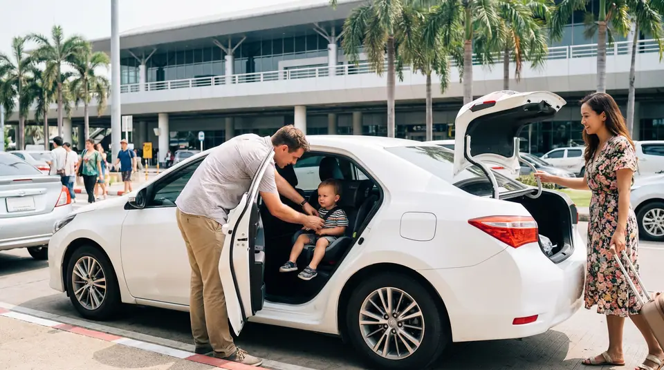 A father fastening his toddler into a forward-facing child seat in the back of a white sedan at an airport kerb
